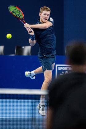 Luke Johnson pictured in action during a tennis match in the semi finals of the doubles competition at the ATP, Tennis Herren European Open Tennis tournament in Antwerp, Friday 18 October 2024. JASPERxJACOBS  x102859425x