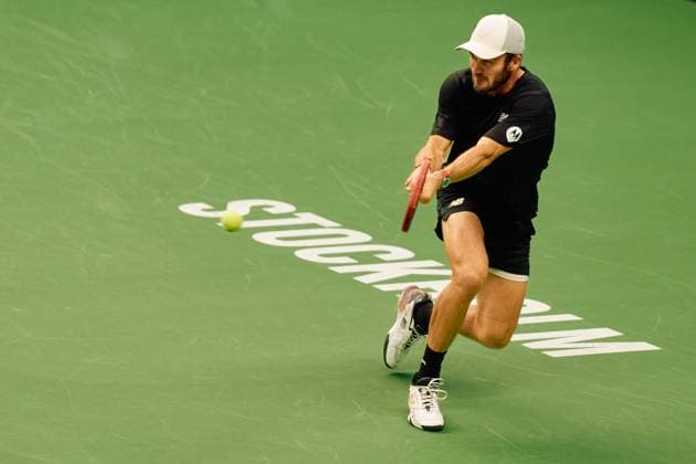 Tommy Paul of United States returns a backhand to Miomir Kecmanovic of Serbia during the third round match of the Stockholm Open at The Royal Tennis Hall on October18, 2024 in Stockholm, Sweden. (Photo by Camilla Stolen Imago) Stockholm Sweden Copyright: xCamillaxStolenx L2380741