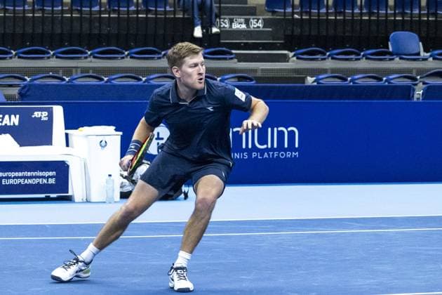 Britain Luke Johnson pictured in action during a tennis match in the semi finals of the doubles competition at the ATP, Tennis Herren European Open Tennis tournament in Antwerp, Friday 18 October 2024. WARDxVANDAEL  x102862283x