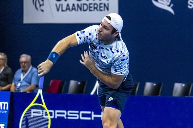 Austrian Lucas Miedler pictured in action during a tennis match in the semi finals of the doubles competition at the ATP, Tennis Herren European Open Tennis tournament in Antwerp, Friday 18 October 2024. WARDxVANDAEL  x102862415x