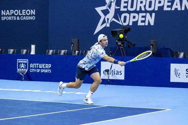 Austrian Lucas Miedler pictured in action during a tennis match in the semi finals of the doubles competition at the ATP, Tennis Herren European Open Tennis tournament in Antwerp, Friday 18 October 2024. WARDxVANDAEL  x102862449x