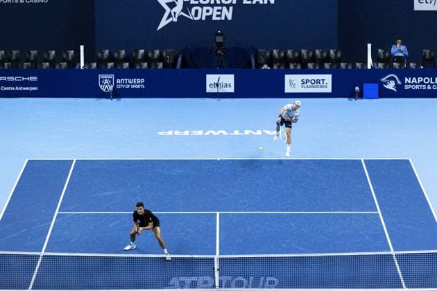 Austrian Alexander Erler and Austrian Lucas Miedler pictured during a tennis match in the semi finals of the doubles competition at the ATP, Tennis Herren European Open Tennis tournament in Antwerp, Friday 18 October 2024. WARDxVANDAEL  x102862478x