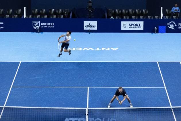 Austrian Alexander Erler and Austrian Lucas Miedler pictured in action during a tennis match in the semi finals of the doubles competition at the ATP, Tennis Herren European Open Tennis tournament in Antwerp, Friday 18 October 2024. WARDxVANDAEL  x102862482x