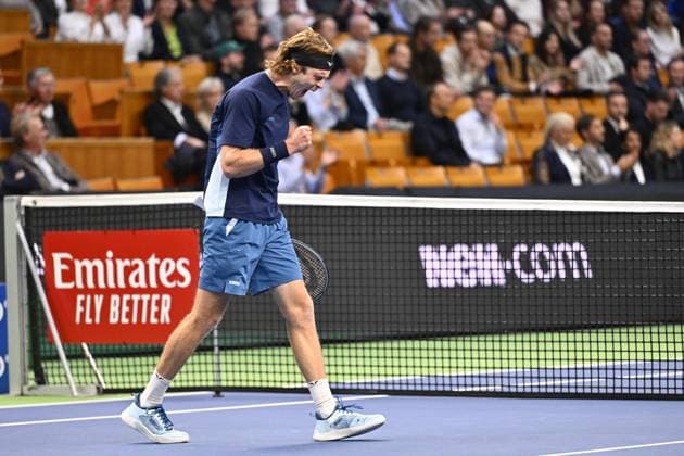 STOCKHOLM, SWEDEN 20241018 Andrei Rublyov, playing under a neutral flag, in the quarterfinals of the BNP Paribas Nordic Open against Stan Wawrinka, Switzerland, at the Royal Tennis Hall STOCKHOLM SWEDEN x10040x  Copyright: xAndersxWiklund TTx TENNIS NORDIC OPEN KVARTSFINALER