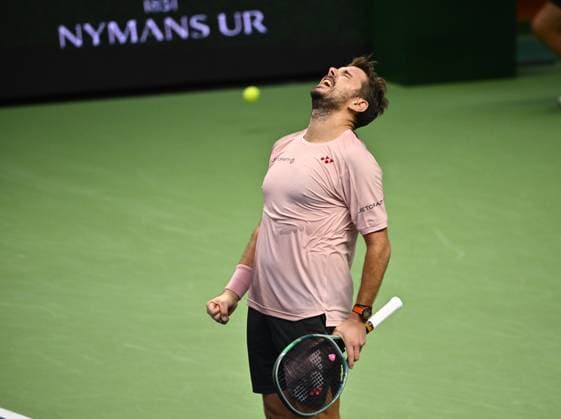 STOCKHOLM, SWEDEN 20241018 Stan Wawrinka, Switzerland, celebrates after winning the quarter final BNP Paribas Nordic Open ATP tennis match against Andrei Rublev, playing under a neutral flag, at the Royal Tennis Hall, in Stockholm, Sweden, on Oct 18, 2024 STOCKHOLM SWEDEN x10040x  Copyright: xAndersxWiklund TTx SWEDEN TENNIS NORDIC OPEN
