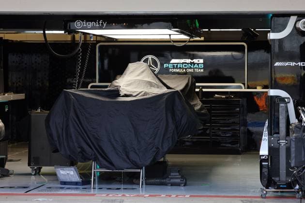 Still covered Mercedes Benz AMG Formula 1 in the pits, Formula 1 Pirelli Grand Prix, FIA F1 World Championship, Circuit of America, Austin Texas, 18 10 2024, USA,