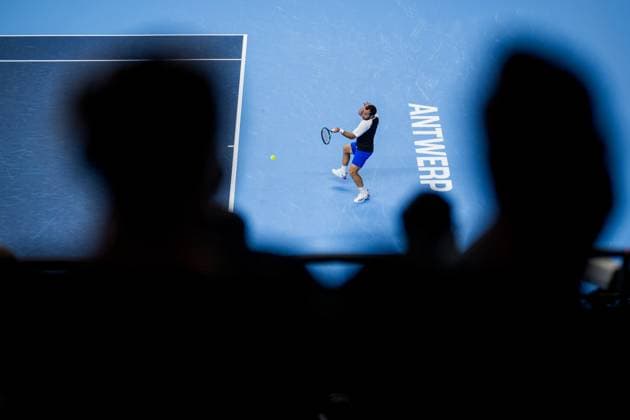French Hugo Gaston pictured in action during a tennis match in the quarter finals of the singles competition at the ATP, Tennis Herren European Open Tennis tournament in Antwerp, Friday 18 October 2024. JASPERxJACOBS  x102879100x