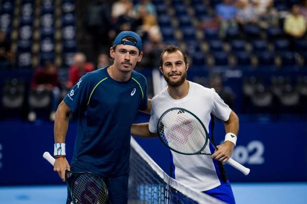 Australia s Alex De Minaur and French Hugo Gaston pictured in action during a tennis match in the quarter finals of the singles competition at the ATP, Tennis Herren European Open Tennis tournament in Antwerp, Friday 18 October 2024. JASPERxJACOBS  x102879106x