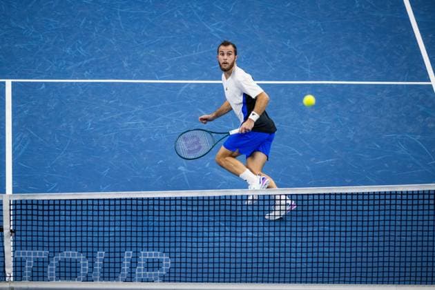 French Hugo Gaston pictured in action during a tennis match in the quarter finals of the singles competition at the ATP, Tennis Herren European Open Tennis tournament in Antwerp, Friday 18 October 2024. JASPERxJACOBS  x102879173x