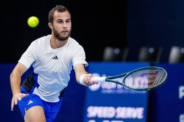 French Hugo Gaston pictured in action during a tennis match in the quarter finals of the singles competition at the ATP, Tennis Herren European Open Tennis tournament in Antwerp, Friday 18 October 2024. JASPERxJACOBS  x102879214x
