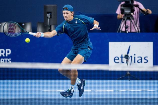 Australia s Alex De Minaur pictured in action during a tennis match in the quarter finals of the singles competition at the ATP, Tennis Herren European Open Tennis tournament in Antwerp, Friday 18 October 2024. JASPERxJACOBS  x102879226x
