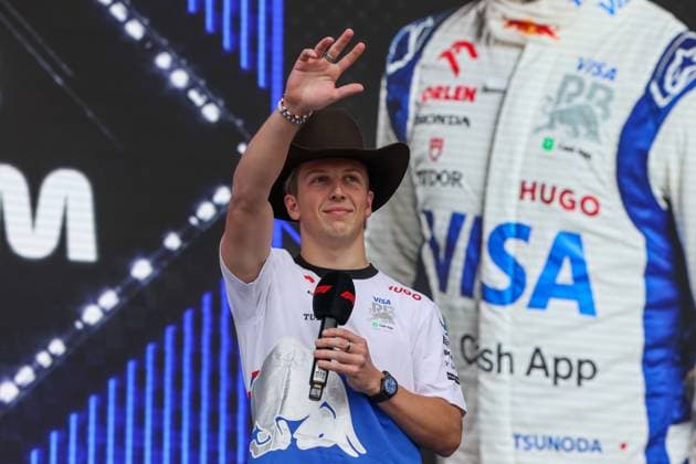 AUSTIN, TX - OCTOBER 18: Visa Cash App RB Formula One Team driver Liam Lawson (3) of New Zealand waives to fans during the Fan Forum before the first practice session of the Formula 1 Pirelli United States Grand Prix on October 18, 2024, at Circuit of The Americas in Austin, Texas. (Photo by David Buono Icon Sportswire) AUTO: OCT 18 F1 Pirelli United States Grand Prix EDITORIAL USE ONLY Icon2410180261