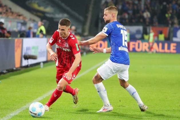 18 10 2024, xtvx, Fußball 2 Bundesliga, SV Darmstadt 98 1 FC Köln emspor, v l Zweikampf, Duell, duel, tackle, compete Rasmus Carstensen 1 FC Koeln Fabian Nuernberger SV Darmstadt 98 DFL DFB REGULATIONS PROHIBIT ANY USE OF PHOTOGRAPHS as IMAGE SEQUENCES and or QUASI VIDEO Darmstadt
