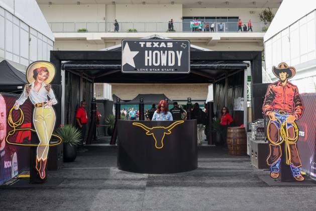 AUSTIN, TX - OCTOBER 18: The driver entrance to the paddock with an oversized Texas Howdy plate and DJ booth before the first practice session of the Formula 1 Pirelli United States Grand Prix on October 18, 2024, at Circuit of The Americas in Austin, Texas. (Photo by David Buono Icon Sportswire) AUTO: OCT 18 F1 Pirelli United States Grand Prix EDITORIAL USE ONLY Icon2410180451