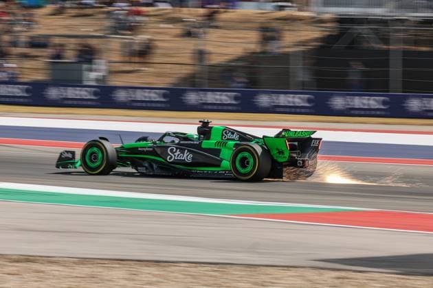 AUSTIN, TX - OCTOBER 18: Stake F1 Team Kick Sauber driver Vaitteri Bottas (77) of Finland speeds through the chicane as sparks fly from the back of his car during the first practice session of the Formula 1 Pirelli United States Grand Prix on October 18, 2024, at Circuit of The Americas in Austin, Texas. (Photo by David Buono Icon Sportswire) AUTO: OCT 18 F1 Pirelli United States Grand Prix EDITORIAL USE ONLY Icon2410180591
