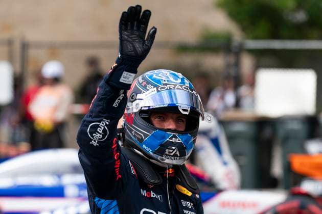 Dutch Formula One driver Max Verstappen of Red Bull Racing waves to the crowd after claiming pole in sprint qualifying for the Formula One United States Grand Prix at the Circuit of the Americas in Austin, Texas on Friday, October 18, 2024.  AUS2024101862 GREGxNASH