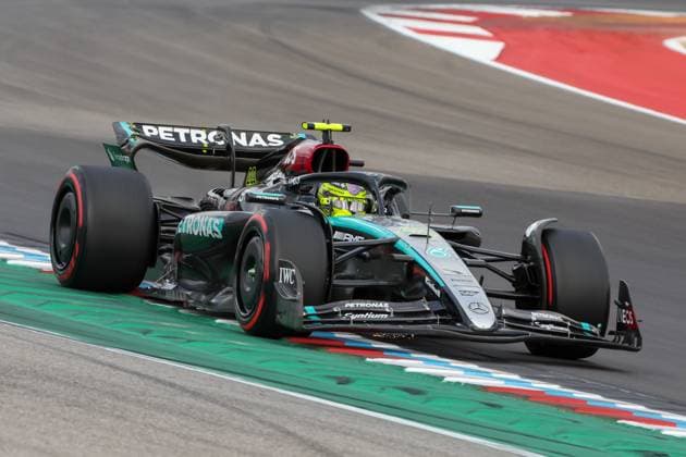 AUSTIN, TX - OCTOBER 18: Mercedes AMG Petronas F1 Team driver Lewis Hamilton (44) of the United Kingdom speeds away from turn 19 during the Sprint qualifying session of the Formula 1 Pirelli United States Grand Prix on October 18, 2024, at Circuit of The Americas in Austin, Texas.(Photo by David Buono Icon Sportswire) AUTO: OCT 18 F1 Pirelli United States Grand Prix EDITORIAL USE ONLY Icon2410180591
