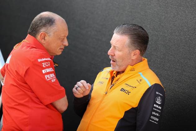 F1 Grand Prix Of USA - Sprint Qualifying Frederic Vasseur and Zak Brown have a conversation next to the Ferrari hospitality suite at Circuit of the Americas in Austin, Texas, on October 18, 2024, during the Formula 1 Pirelli United States Grand Prix. Austin, Texas United States  Copyright: xReginaldxMathalonex originalFilename:mathalone-notitle241018_npR1p.jpg