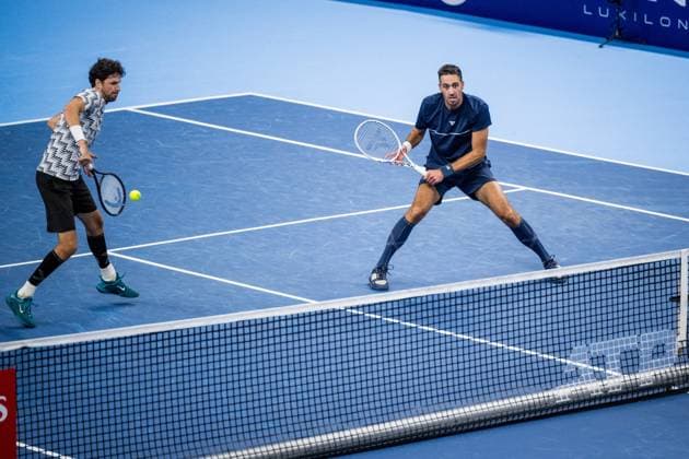 Ducth Robin Haase and Dutch David Pel pictured in action during a tennis match in the semi finals of the doubles competition at the ATP, Tennis Herren European Open Tennis tournament in Antwerp, Saturday 19 October 2024. JASPERxJACOBS  x102959335x