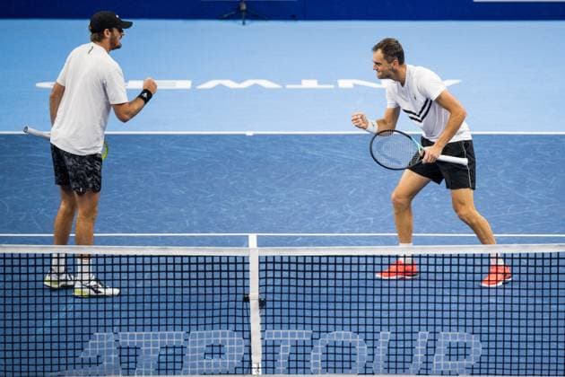 Robert Galloway and Kazach Aleksandr Nedovyesov pictured in action during a tennis match in the semi finals of the doubles competition at the ATP, Tennis Herren European Open Tennis tournament in Antwerp, Saturday 19 October 2024. JASPERxJACOBS  x102959850x