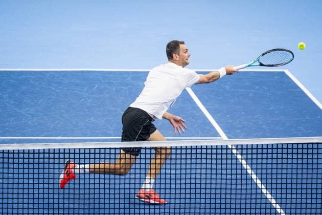 Kazach Aleksandr Nedovyesov pictured in action during a tennis match in the semi finals of the doubles competition at the ATP, Tennis Herren European Open Tennis tournament in Antwerp, Saturday 19 October 2024. JASPERxJACOBS  x102959858x