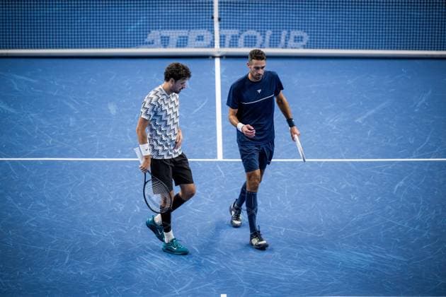 Ducth Robin Haase and Dutch David Pel pictured in action during a tennis match in the semi finals of the doubles competition at the ATP, Tennis Herren European Open Tennis tournament in Antwerp, Saturday 19 October 2024. JASPERxJACOBS  x102959863x