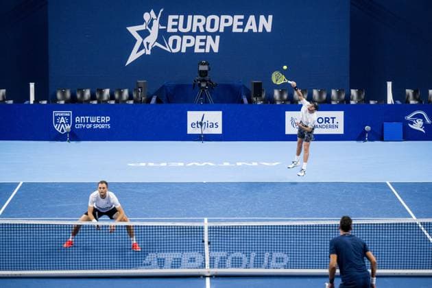 Kazach Aleksandr Nedovyesov and Robert Galloway pictured in action during a tennis match in the semi finals of the doubles competition at the ATP, Tennis Herren European Open Tennis tournament in Antwerp, Saturday 19 October 2024. JASPERxJACOBS  x102959866x