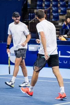 Kazach Aleksandr Nedovyesov and Robert Galloway pictured in action during a tennis match in the semi finals of the doubles competition at the ATP, Tennis Herren European Open Tennis tournament in Antwerp, Saturday 19 October 2024. JASPERxJACOBS  x102959867x