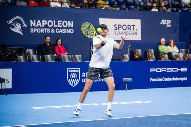 Robert Galloway pictured in action during a tennis match in the semi finals of the doubles competition at the ATP, Tennis Herren European Open Tennis tournament in Antwerp, Saturday 19 October 2024. JASPERxJACOBS  x102959872x