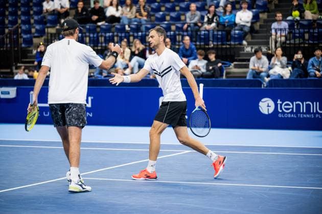 Robert Galloway and Kazach Aleksandr Nedovyesov pictured in action during a tennis match in the semi finals of the doubles competition at the ATP, Tennis Herren European Open Tennis tournament in Antwerp, Saturday 19 October 2024. JASPERxJACOBS  x102959916x