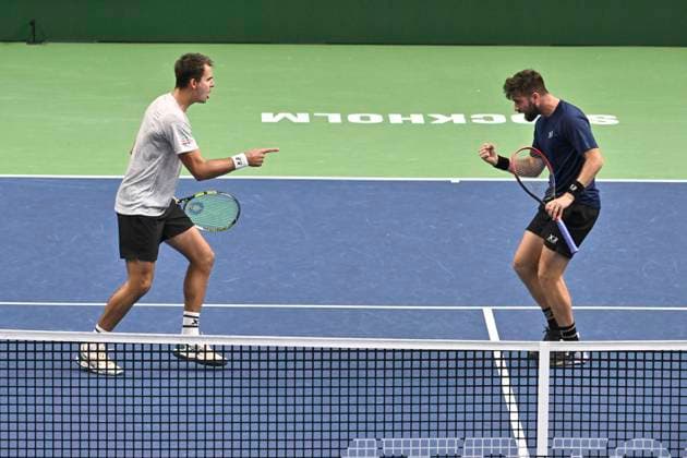 STOCKHOLM, SWEDEN 20241019 Petr Nouza L and Patrik Rikl of Czech Republic celebrate during the semi final BNP Paribas Nordic Open ATP doubles tennis match against Jan Zielinski of Poland and Hugo Nys of Monaco at the Royal Tennis Hall, in Stockholm, Sweden, on Oct 19, 2024 STOCKHOLM SWEDEN x10090x  Copyright: xClaudioxBresciani TTx SWEDEN TENNIS NORDIC OPEN