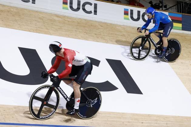 CICLISMO - Ciclismo su Pista - Tissot 2024 Track World Championships Tissot Track cycling, Rad, Radsport, Bahnrad, Bahn World Championship, WM, Weltmeisterschaft - Ballerup, Copenaghen, Menâ??s Sprint - Moro Stefano, Italy - Dodik Ryan, Canada during Tissot 2024 Track World Championships, Track cycling race in Copenhagen, Denmark, October 19 2024 Copenhagen Denmark Copyright: xIPAxSport ABACAx