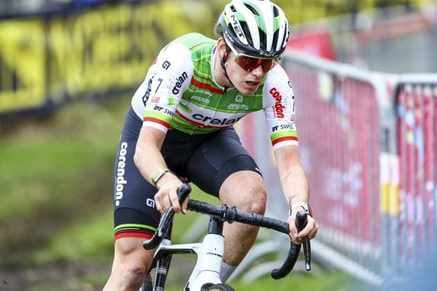 Belgian Marion Norbert Riberolle pictured in action during the women s elite race of the Exact Cross Essen, stage 2 (out of 6) in the Exact Cross cyclocross competition, Saturday 19 October 2024, in Essen. KRISTOFxVANxACCOM  x102963842x