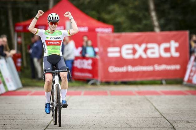 Belgian Marion Norbert Riberolle celebrates as she crosses the finish line at the women s elite race of the Exact Cross Essen, stage 2 (out of 6) in the Exact Cross cyclocross competition, Saturday 19 October 2024, in Essen. KRISTOFxVANxACCOM  x102964550x