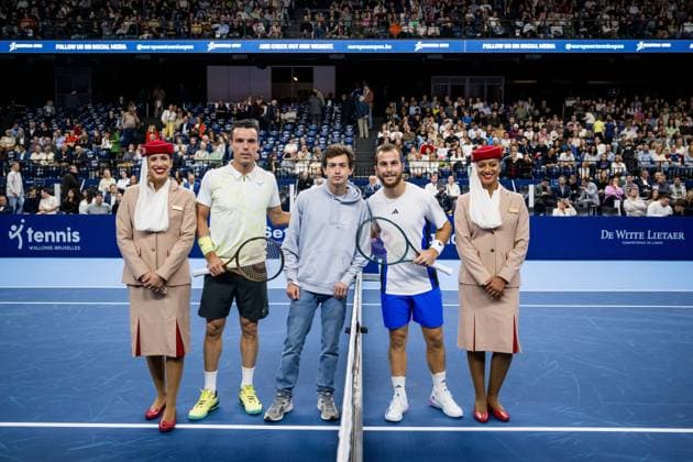 Spanish Roberto Bautista-Agut and French Hugo Gaston pictured at the start of a tennis match in the semi finals of the singles competition at the ATP, Tennis Herren European Open Tennis tournament in Antwerp, Saturday 19 October 2024. JASPERxJACOBS  x102969032x