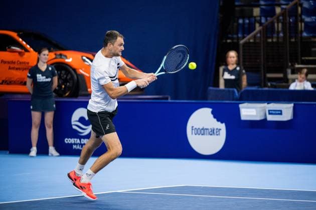 Kazach Aleksandr Nedovyesov pictured in action during a tennis match in the semi finals of the doubles competition at the ATP, Tennis Herren European Open Tennis tournament in Antwerp, Saturday 19 October 2024. JASPERxJACOBS  x102970749x