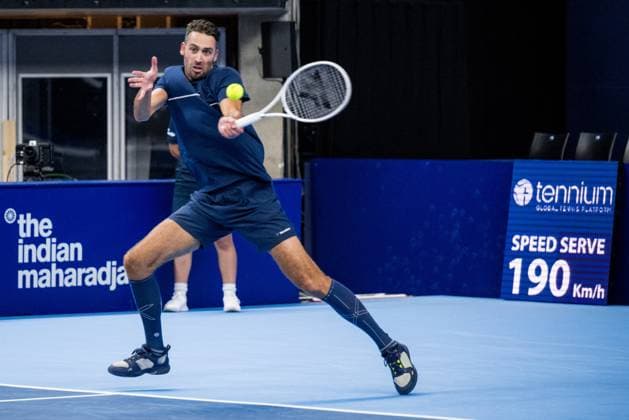 Dutch David Pel pictured in action during a tennis match in the semi finals of the doubles competition at the ATP, Tennis Herren European Open Tennis tournament in Antwerp, Saturday 19 October 2024. JASPERxJACOBS  x102971021x