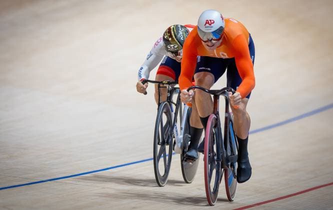 BALLERUP - Jeffrey Hoogland and Shinji Nakano (JPN) during the 1 8th final of the sprint on the fourth day of the World Track cycling, Rad, Radsport, Bahnrad, Bahn Championships at the Ballerup Super Arena. ANP IRIS VAN DEN BROEK xVIxANPxSportx xxANPxIVx 511239189 originalFilename: 511239189.jpg