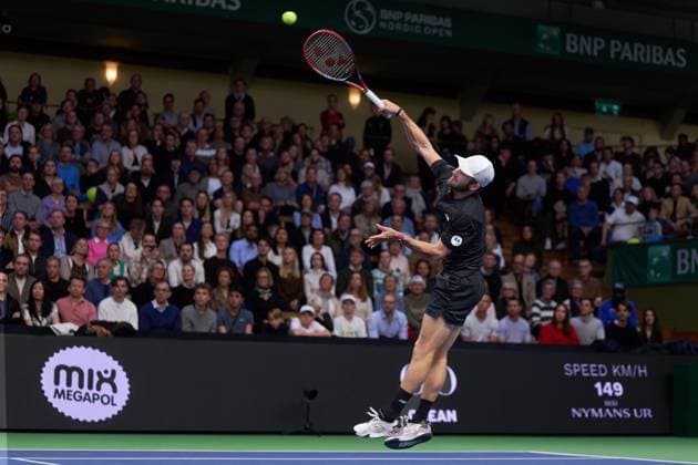 Tommy Paul of United States returns a ball to Stan Wawrinka of Switzerland during the semifinals match of Stockholm Open at The Royal Tennis Hall on October19, 2024 in Stockholm, Sweden. (Photo by Camilla Stolen Imago) Stockholm Sweden Copyright: xCamillaxStolenx L2420211