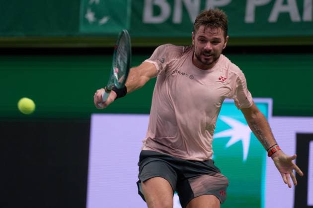 Stan Wawrinka of Switzerland returns a backhand to Tommy Paul of United States during the semifinals match of Stockholm Open at The Royal Tennis Hall on October19, 2024 in Stockholm, Sweden. (Photo by Camilla Stolen Imago) Stockholm Sweden Copyright: xCamillaxStolenx L2420385
