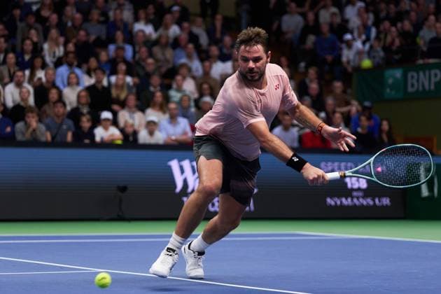 Stan Wawrinka of Switzerland returns a backhand to Tommy Paul of United States during the semifinals match of Stockholm Open at The Royal Tennis Hall on October19, 2024 in Stockholm, Sweden. (Photo by Camilla Stolen Imago) Stockholm Sweden Copyright: xCamillaxStolenx L2420439