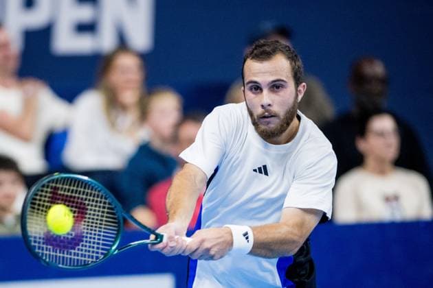 French Hugo Gaston pictured in action during a tennis match in the semi finals of the singles competition at the ATP, Tennis Herren European Open Tennis tournament in Antwerp, Saturday 19 October 2024. JASPERxJACOBS  x102985694x