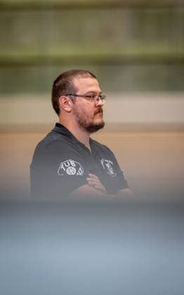 Volleyball, Season 2024 2025, 2 Bundesliga Nord, 19 10 2024, 4 Matchday, Men, TuB Bocholt blue vs Kieler TV red Markus Friedrich Coach TuB Bocholt , Bocholt Sporthalle West Nordrhein Westfalen Germany 241019_vb_tub-bocholt_kieler-tv_33885