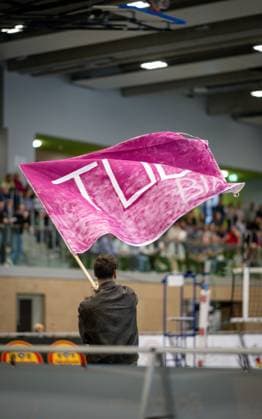 Volleyball, Season 2024 2025, 2 Bundesliga Nord, 19 10 2024, Matchday 4, Men, TuB Bocholt blue vs Kieler TV red Fan with flag Bocholt Sporthalle West Nordrhein Westfalen Germany 241019_vb_tub-bocholt_kieler-tv_33891