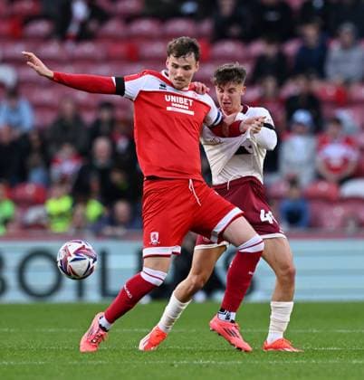 Rav van den Berg of Middlesbrough and George Earthy of Bristol City Middlesbrough v Bristol City, EFL Sky Bet Championship, Football, Riverside Stadium, Middlesbrough, UK, 19 Oct 2024 EDITORIAL USE ONLY No use with unauthorised audio, video, data, fixture lists, club league logos or live services. Online in-match use limited to 120 images, no video emulation. No use in betting, games or single club league player publications. Copyright: xAnnaxGowthorpe Shutterstockx 14795531aj