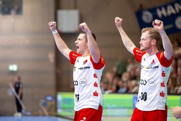 Jerome Mueller Nr 21, HBW Balingen Weilstetten rejoices VfL Luebeck Schwartau vs HBW Balingen Weilstetten, Handball, 2 Bundesliga, 19 10 24 Luebeck Schleswig Holstein Germany Copyright: xAgentur54Gradx xFelixxKoenigx