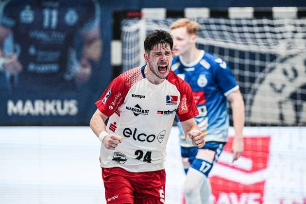 Goal celebration Elias Fuegel HBW Balingen Weilstetten, 24 GER, VfL Luebeck Schwartau vs HBW Balingen Weilstetten, Handball, 2 Bundesliga, Matchday 7, Season 2024 2025, 19 10 2024 GER, VfL Luebeck Schwartau vs HBW Balingen Weilstetten, Handball, 2 Bundesliga, Matchday 7, Season 2024 2025, 19 10 2024 Luebeck Copyright: xEibner-Pressefoto MarcelxvonxFehrnx EP_MFN