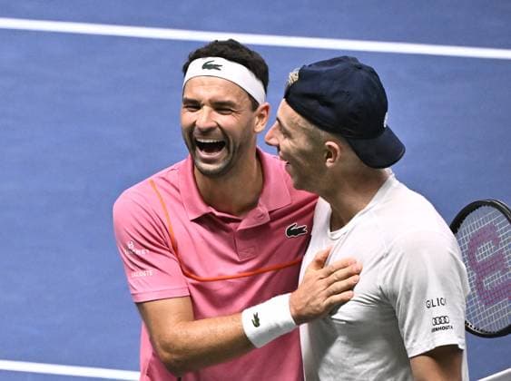 STOCKHOLM, SWEDEN 20241019 Grigor Dimitrov L of Bulgaria laughs with Tallon Griekspoor of the Netherlands after winning their semi final BNP Paribas Nordic Open ATP tennis singles match at the Royal Tennis Hall, in Stockholm, Sweden, on Oct 19, 2024 STOCKHOLM SWEDEN x10090x  Copyright: xClaudioxBresciani TTx SWEDEN TENNIS NORDIC OPEN