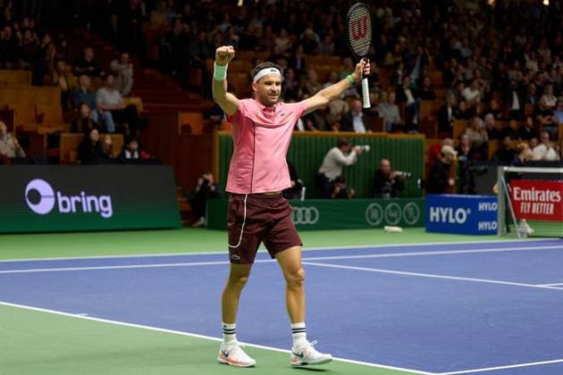 Grigor Dimitrov of Bulgaria celebrates his semifinals win over Tallon Griekspoor of Netherlands at Stockholm Open at The Royal Tennis Hall on October19, 2024 in Stockholm, Sweden. (Photo by Camilla Stolen Imago) Stockholm Sweden Copyright: xCamillaxStolenx L2430365