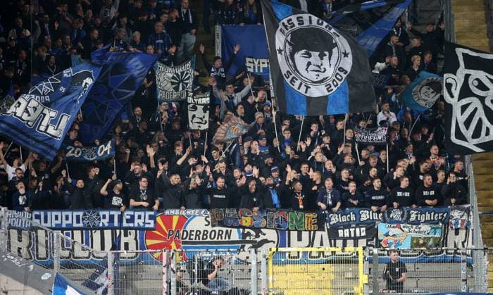 Paderborn fans in the guest block 19 10 2024, Football, 2 Bundesliga, FC Kaiserslautern SC Paderborn 07, 9 Matchday, Season 2024 25, Fritz Walter Stadion, Kaiserslautern, Germany, zmdz, DFB DFL regulations prohibit any use of photographs as image sequences and or quasi video FC Kaiserslautern SC Paderborn 07
